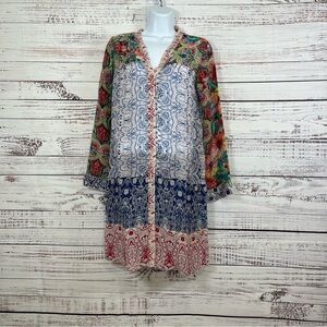 Johnny Was Multicolor Floral Button Long Sleeve Dress